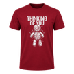 Cardinal red men’s dark humor graphic T shirt with Thinking of You message and white stitched voodoo doll design