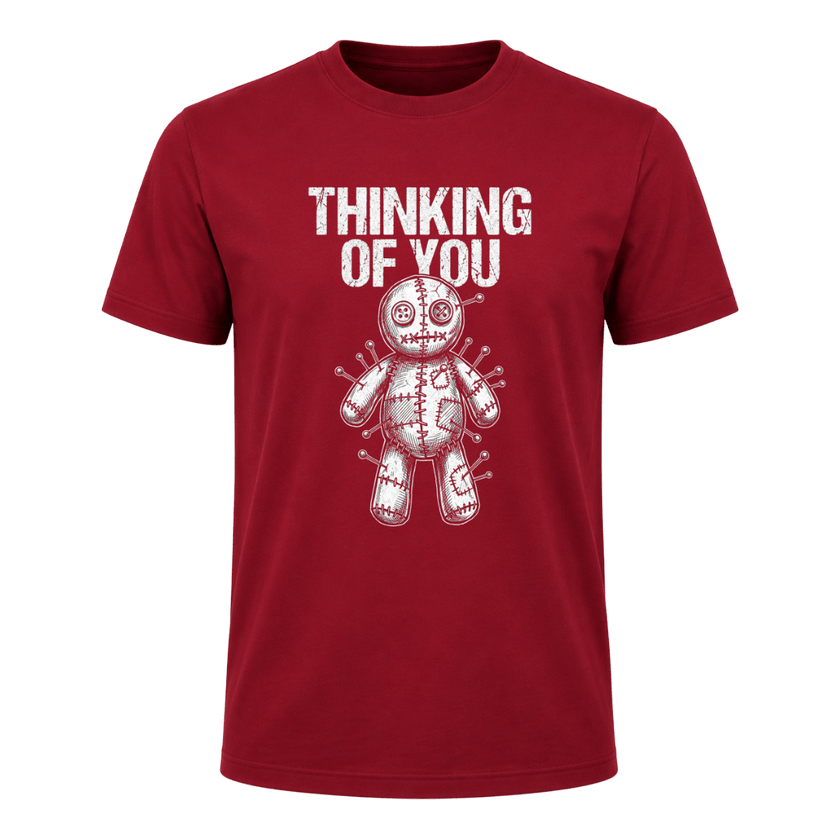 Cardinal red men’s dark humor graphic T shirt with Thinking of You message and white stitched voodoo doll design