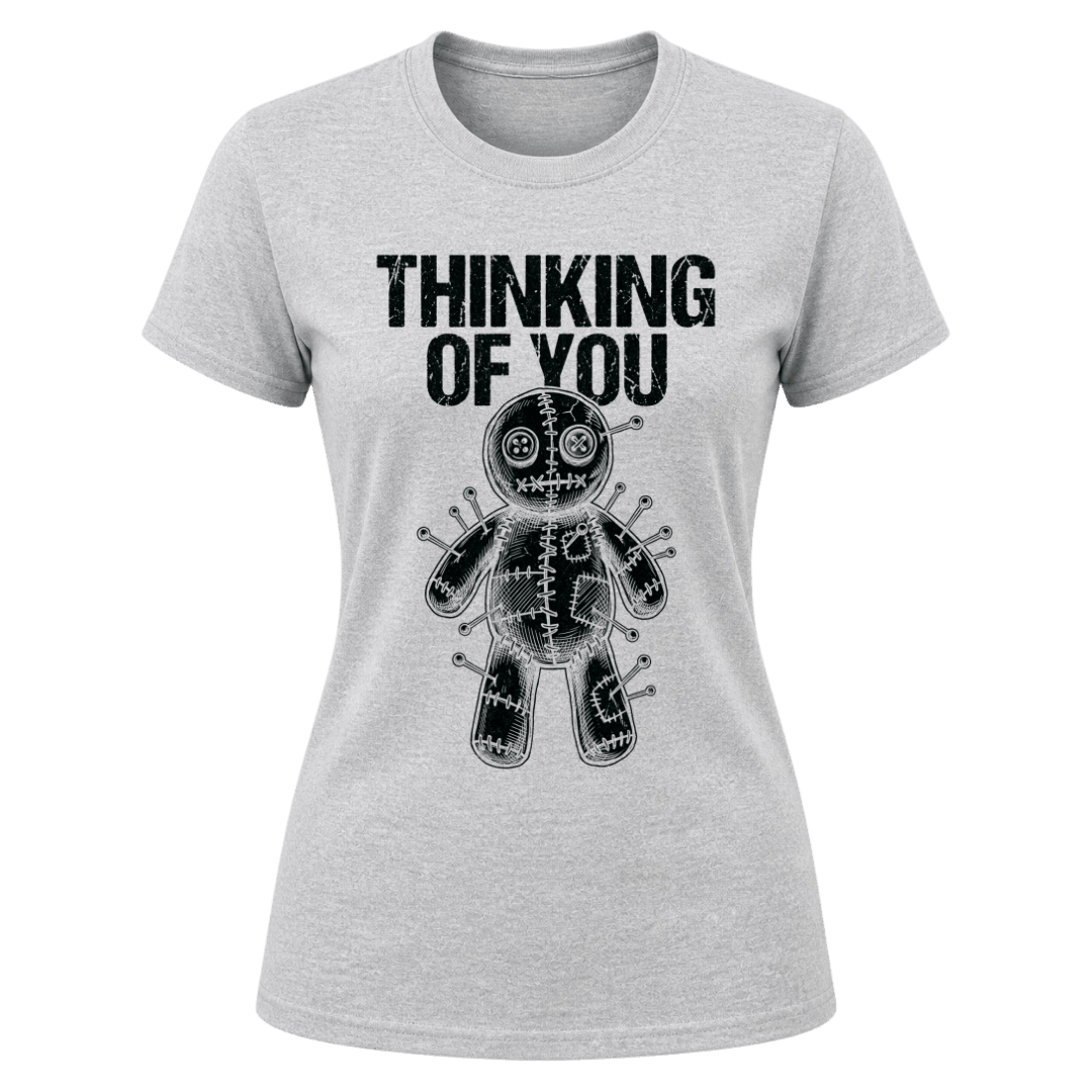 Sport Grey women’s dark humor T shirt featuring black Thinking of You wording and black voodoo doll artwork