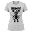 Sport Grey women’s dark humor T shirt featuring black Thinking of You wording and black voodoo doll artwork