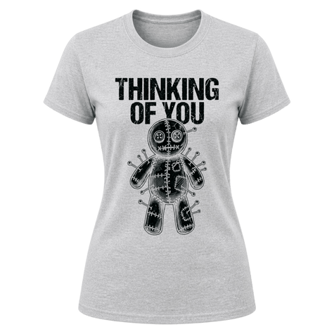 Sport Grey women’s dark humor T shirt featuring black Thinking of You wording and black voodoo doll artwork