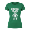 Irish Green women’s graphic T shirt with Thinking of You wording and white illustrated voodoo doll design