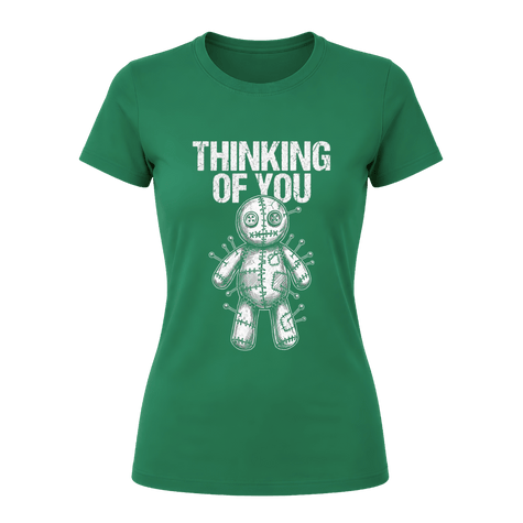 Irish Green women’s graphic T shirt with Thinking of You wording and white illustrated voodoo doll design