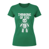Irish Green women’s graphic T shirt with Thinking of You wording and white illustrated voodoo doll design