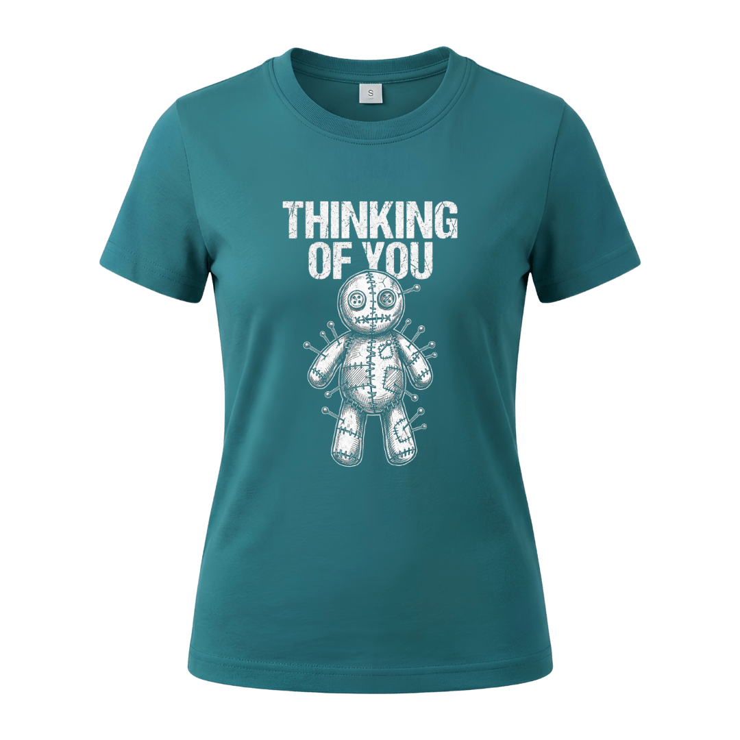 Jade Dome women’s Thinking of You voodoo doll T shirt featuring bold white distressed artwork