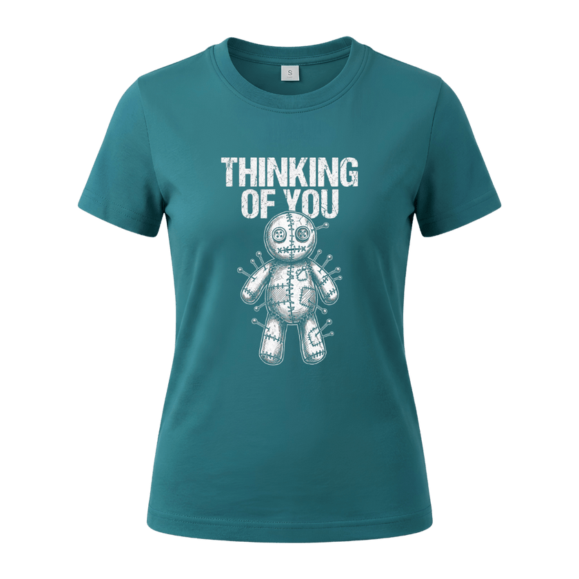 Jade Dome women’s Thinking of You voodoo doll T shirt featuring bold white distressed artwork