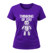 Purple women’s funny graphic T shirt featuring a Thinking of You phrase and detailed white voodoo doll artwork