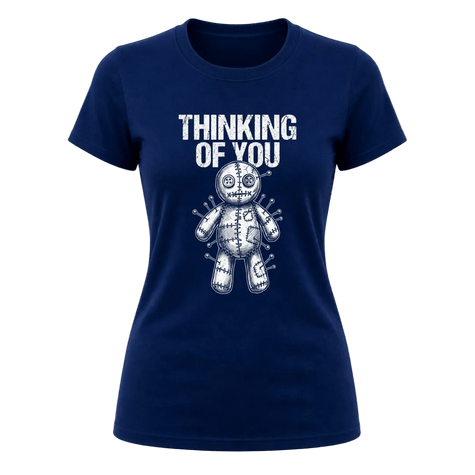 Navy women’s sarcastic Thinking of You T shirt with contrasting white voodoo doll graphic on the front