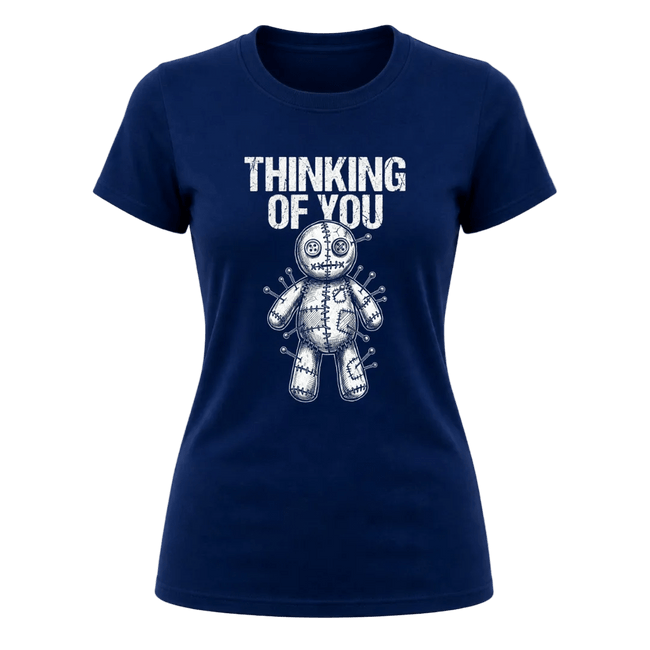 Navy women’s sarcastic Thinking of You T shirt with contrasting white voodoo doll graphic on the front