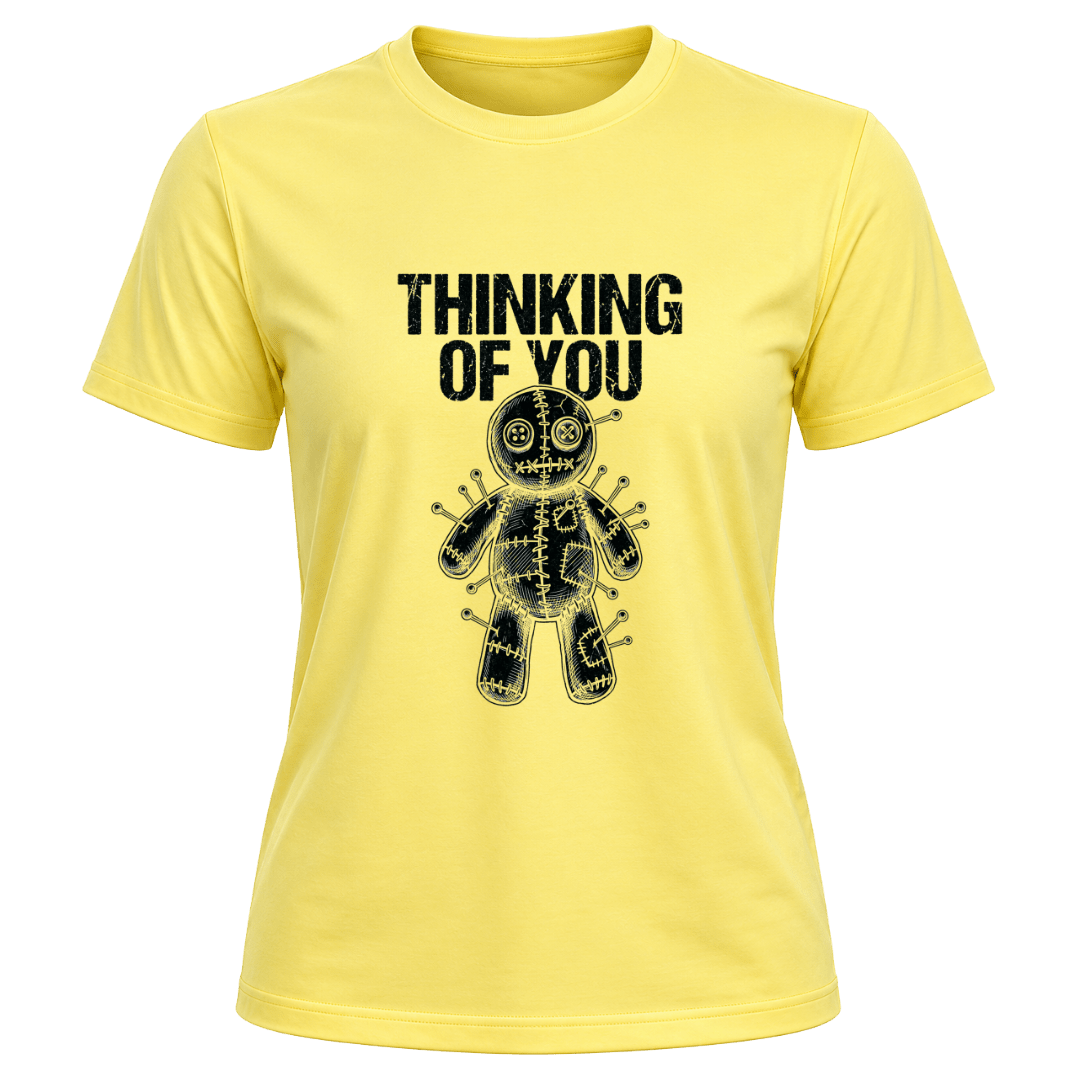 Corn Silk women’s funny Thinking of You T shirt featuring black distressed voodoo doll artwork on the front