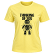 Corn Silk women’s funny Thinking of You T shirt featuring black distressed voodoo doll artwork on the front