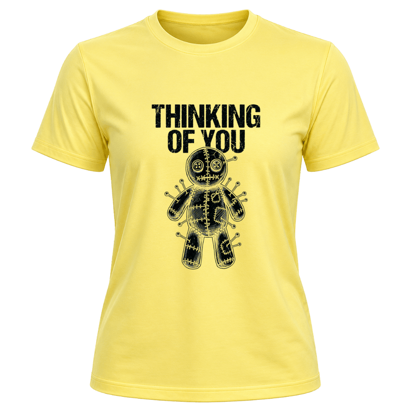 Corn Silk women’s funny Thinking of You T shirt featuring black distressed voodoo doll artwork on the front