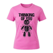 Azalea pink women’s sarcastic graphic tee featuring black Thinking of You wording and voodoo doll design