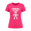 Heliconia pink women’s Thinking of You T shirt featuring a distressed white voodoo doll graphic with pins