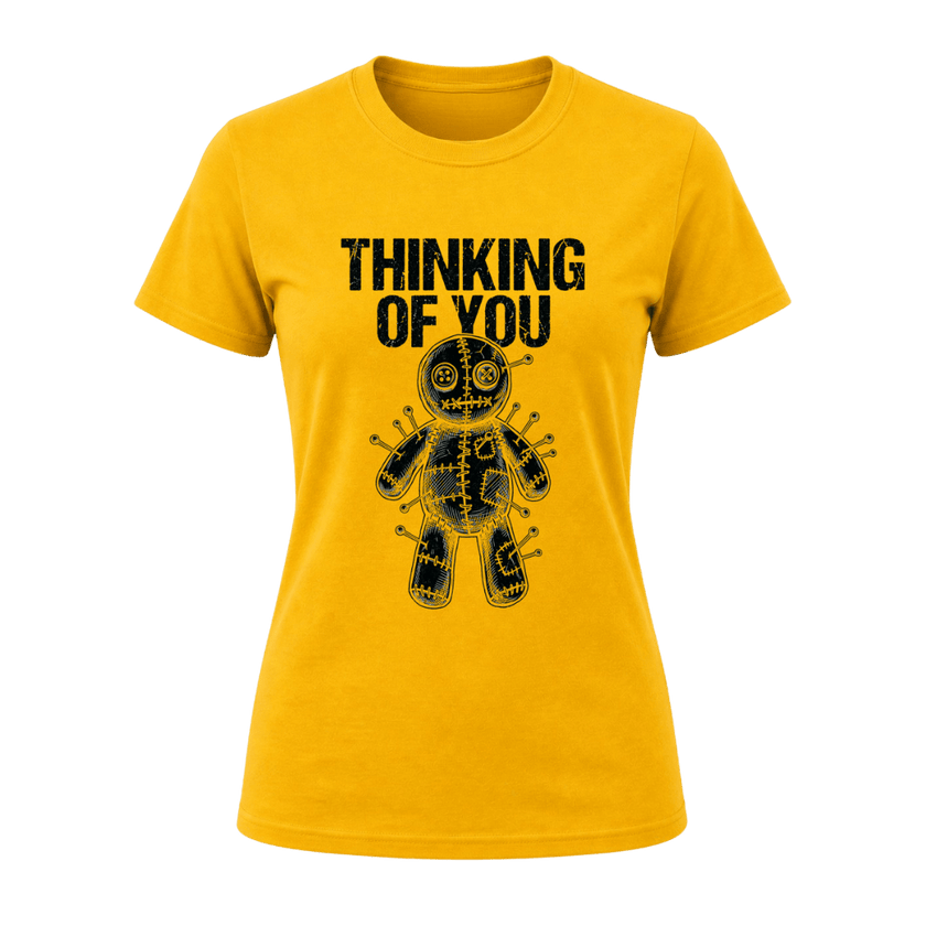 Yellow women’s funny voodoo doll T shirt featuring black Thinking of You typography and graphic artwork