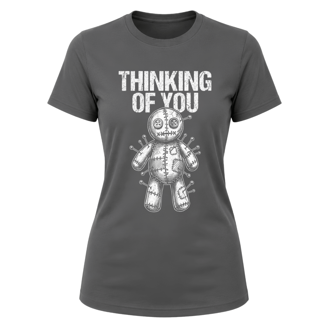 Charcoal Grey women’s Thinking of You T shirt featuring contrasting white distressed typography and voodoo doll artwork