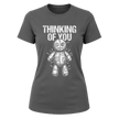 Charcoal Grey women’s Thinking of You T shirt featuring contrasting white distressed typography and voodoo doll artwork