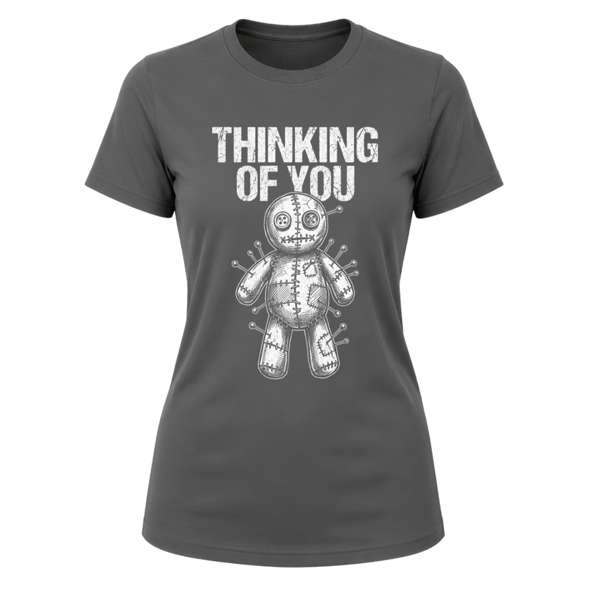 Charcoal Grey women’s Thinking of You T shirt featuring contrasting white distressed typography and voodoo doll artwork