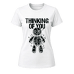 White women’s Thinking of You T shirt with distressed black lettering and detailed black voodoo doll illustration
