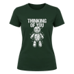 Forest Green women’s Thinking of You graphic T shirt featuring white distressed lettering and detailed voodoo doll design