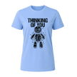 Carolina Blue women’s sarcastic T shirt with black Thinking of You lettering and detailed voodoo doll graphic