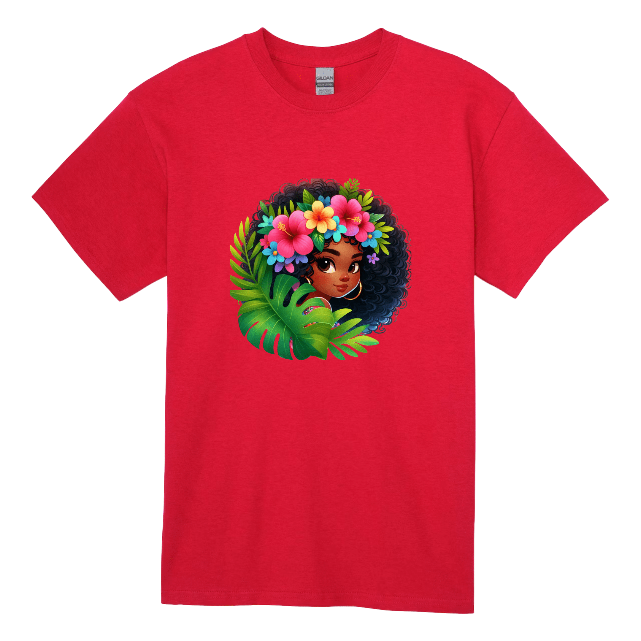 Red kids t-shirt featuring a colorful illustrated Afro girl with tropical plants and flowers.
