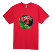 Red kids t-shirt featuring a colorful illustrated Afro girl with tropical plants and flowers.