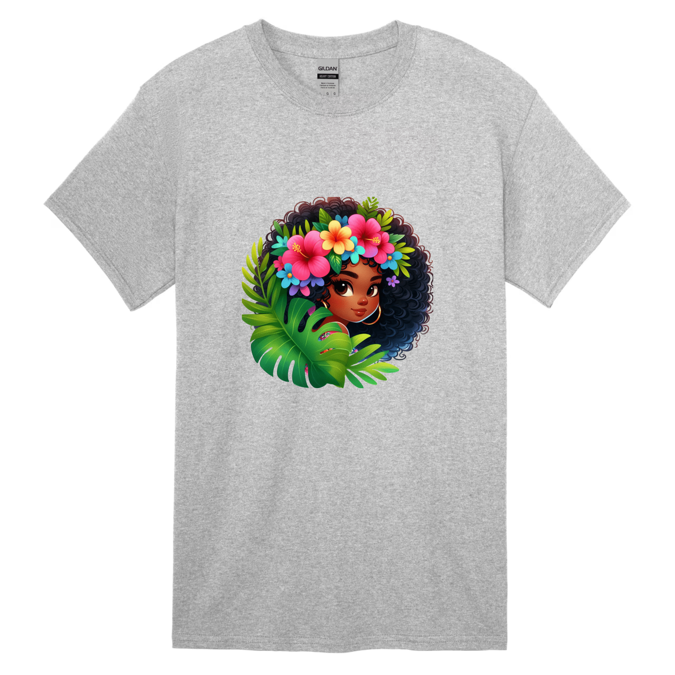 A kids gray t-shirt featuring a vibrant tropical Afro girl with colorful flowers and jungle leaves.