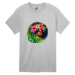 A kids gray t-shirt featuring a vibrant tropical Afro girl with colorful flowers and jungle leaves.