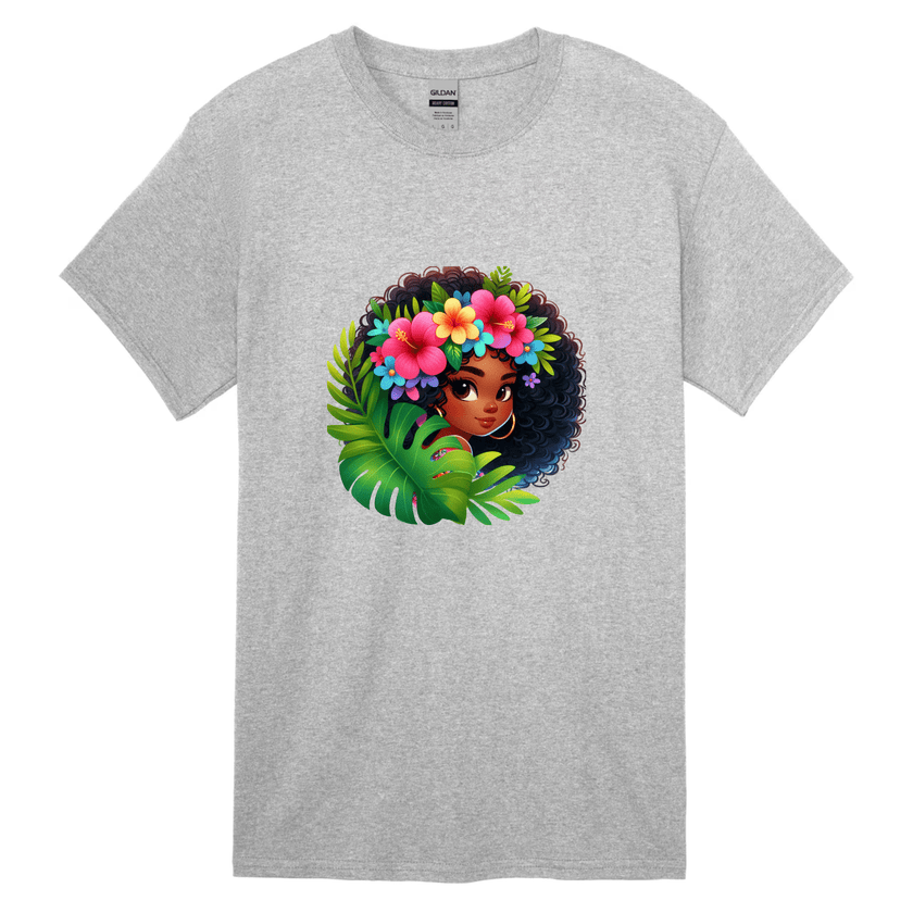 A kids gray t-shirt featuring a vibrant tropical Afro girl with colorful flowers and jungle leaves.