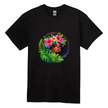Black children’s t-shirt with vibrant Afro girl artwork, flowers, and lush green leaves.