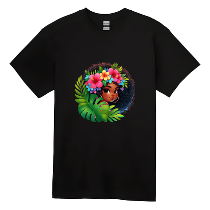 Black children’s t-shirt with vibrant Afro girl artwork, flowers, and lush green leaves.