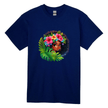 Navy blue girls t-shirt with bright floral Afro girl illustration and bold tropical design.