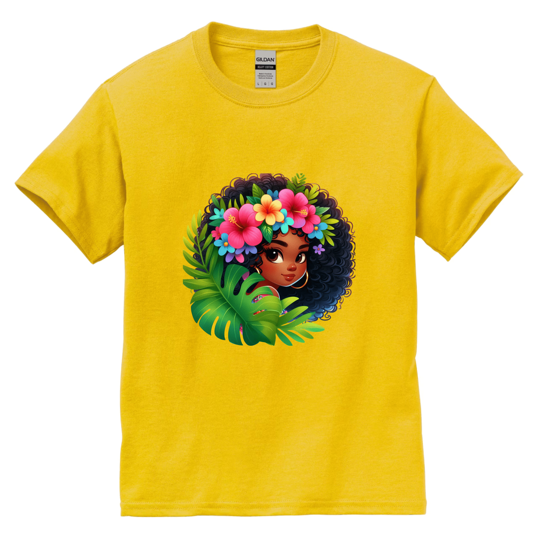 Yellow girls t-shirt with a colorful illustration of a tropical Afro girl with colorful flowers