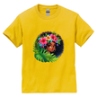 Yellow girls t-shirt with a colorful illustration of a tropical Afro girl with colorful flowers