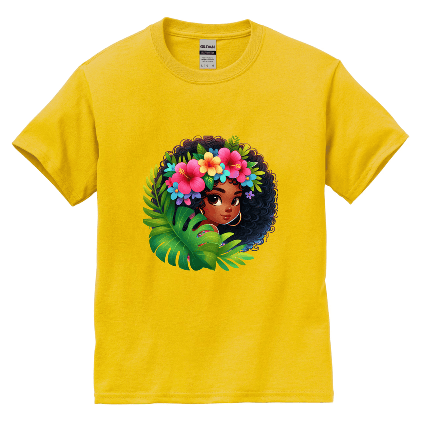 Yellow girls t-shirt with a colorful illustration of a tropical Afro girl with colorful flowers