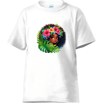 White kids graphic tee printed with a cute tropical Afro girl and bright floral crown.
