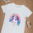 A unicorn-themed shirt with colorful rainbow artwork, designed for children who love magical creatures and fun fashion.