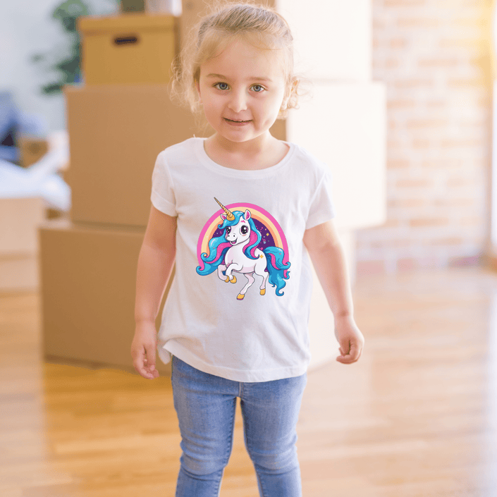 Adorable toddler girl wearing a white T-shirt with a colorful rainbow unicorn design, perfect for kids