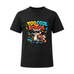 Black youth Too Cool for School T shirt featuring a colourful raccoon wearing sunglasses with a backpack, skateboard and school themed graphics.