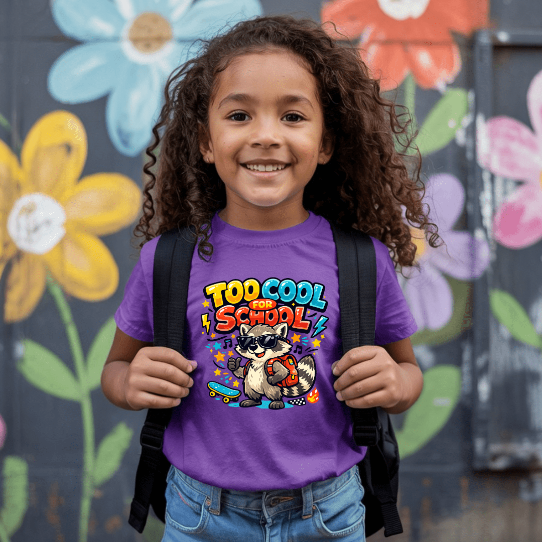 A young girl with curly brown hair smiling, wearing a purple t-shirt with a colorful cartoon raccoon graphic that reads 'TOO COOL FOR SCHOOL!'. She is holding the straps of a black backpack and wearing blue jeans, standing in front of a painted wall with large colorful flowers.