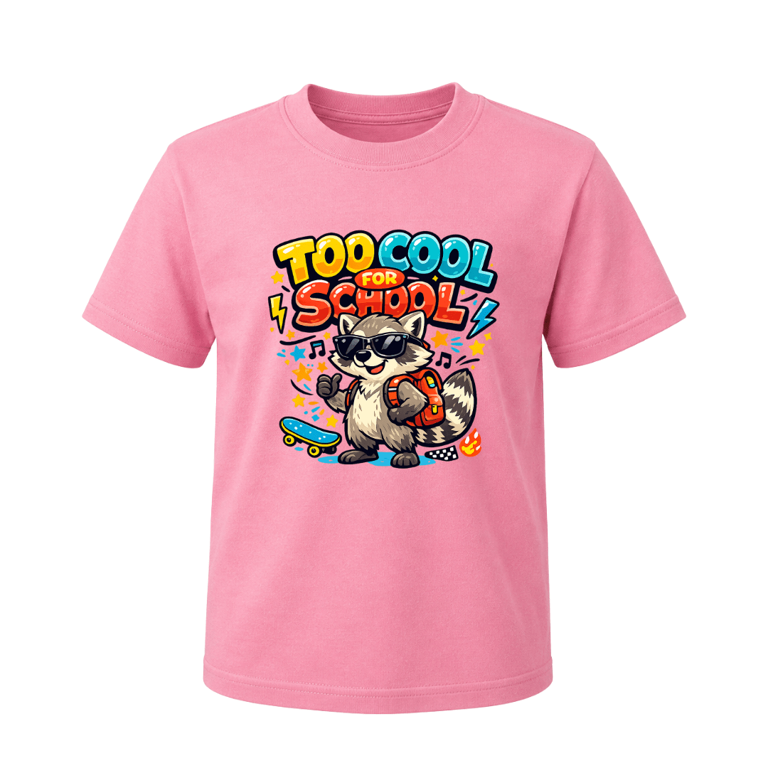 Pink kids Too Cool for School T shirt featuring a fun raccoon in sunglasses with bright lettering and colourful school themed details.
