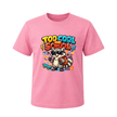 Pink kids Too Cool for School T shirt featuring a fun raccoon in sunglasses with bright lettering and colourful school themed details.