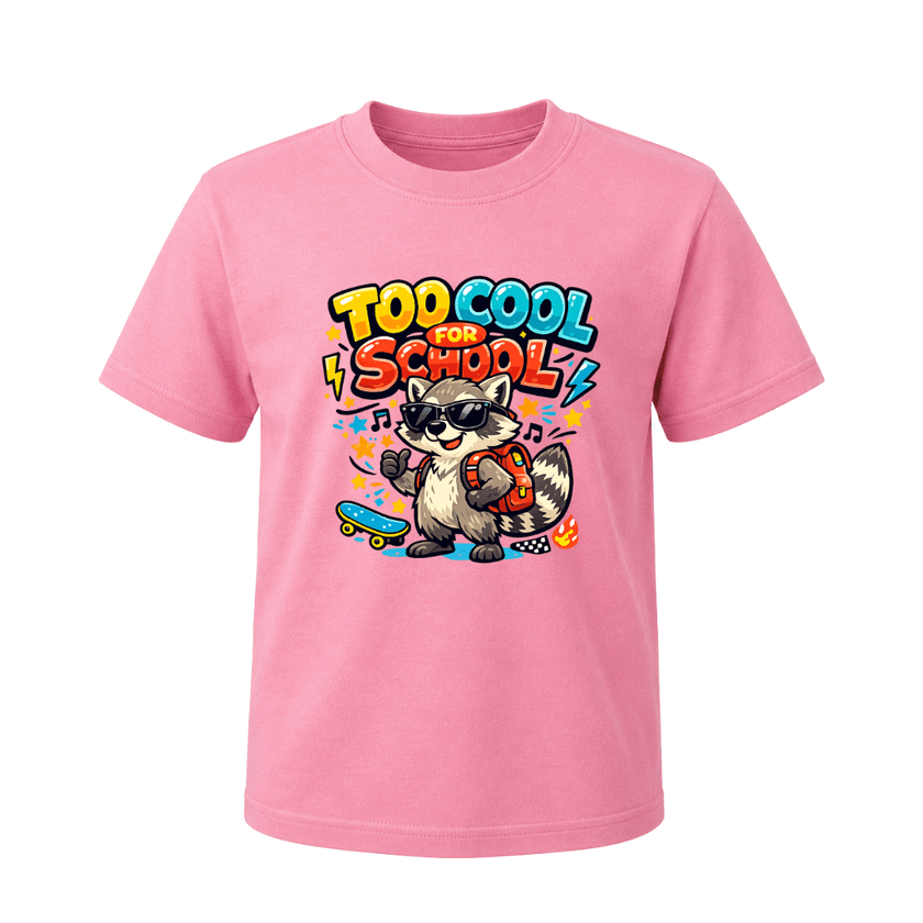 Pink kids Too Cool for School T shirt featuring a fun raccoon in sunglasses with bright lettering and colourful school themed details.