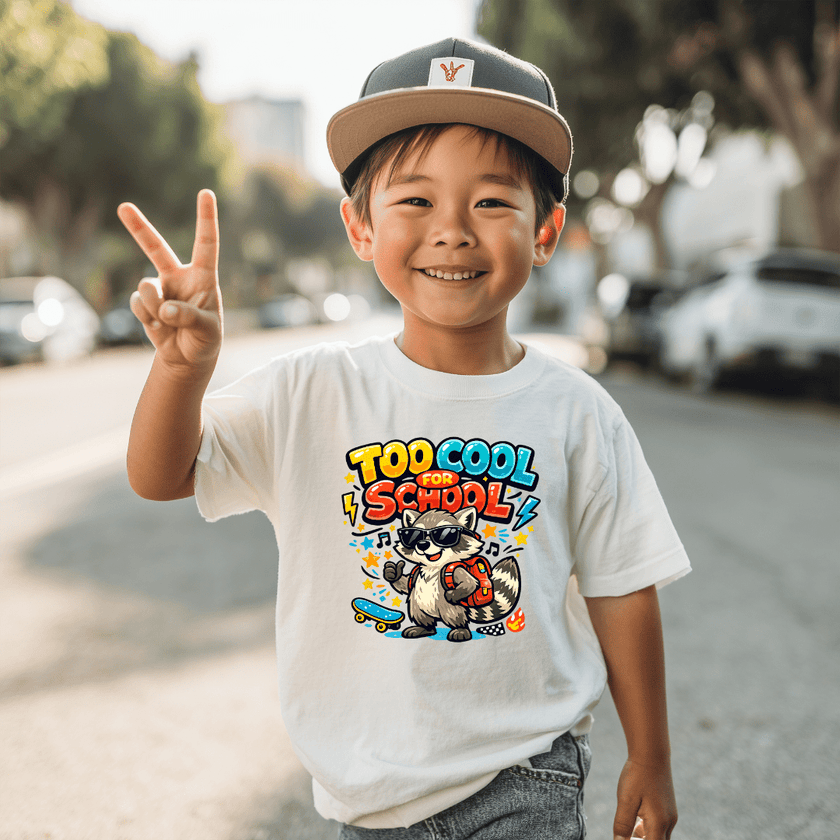 White youth back to school T shirt worn with a colourful raccoon graphic and bold Too Cool for School message on the front.