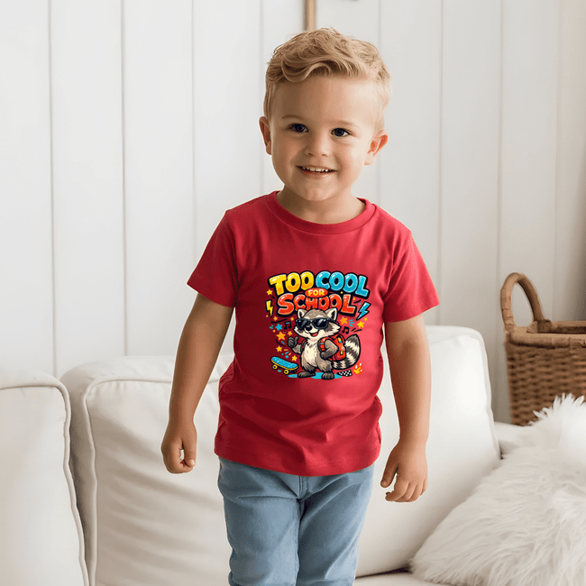 A young child wearing a red graphic t-shirt with a raccoon and the text 'TOO COOL SCHOOL!' printed on the front, standing in a bright living room setting.
