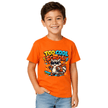 Orange youth back to school T shirt featuring a fun raccoon with sunglasses, skateboard and colourful Too Cool for School lettering.