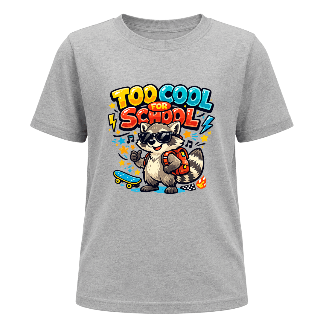 Sport grey kids graphic T shirt featuring the Too Cool for School raccoon design with bright colours and playful back to school artwork.