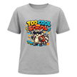 Sport grey kids graphic T shirt featuring the Too Cool for School raccoon design with bright colours and playful back to school artwork.