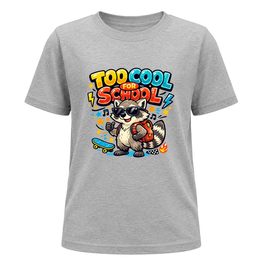 Sport grey kids graphic T shirt featuring the Too Cool for School raccoon design with bright colours and playful back to school artwork.